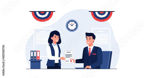 Man Receives Certified Document from Woman in Front of Patriotic Decoration