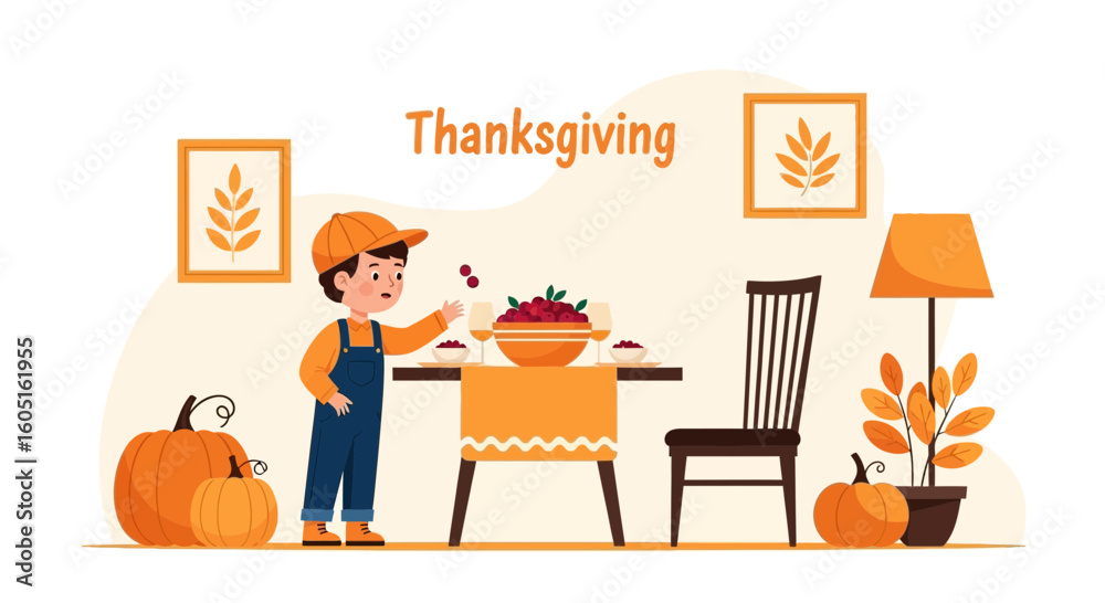 Fototapeta premium Preparing For A Thanksgiving Day Festive Decoration And A Cheerful Boy Reaching For Berries
