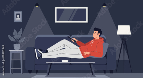 Man Relaxing On Sofa Watching Television At Home In The Evening