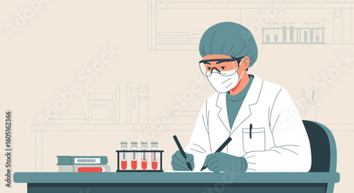 Scientist Analyzes Blood Samples In Laboratory With Protective Gear On Workplace