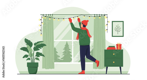 Preparing For Christmas Person Decorating Home With Festive Lights And Decorations