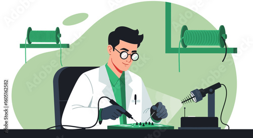 Scientist Assembling A Circuit Board In A Laboratory With Soldering Iron