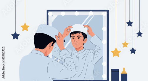Preparing For Eid A Young Man Admires Himself In The Mirror With A Kufi