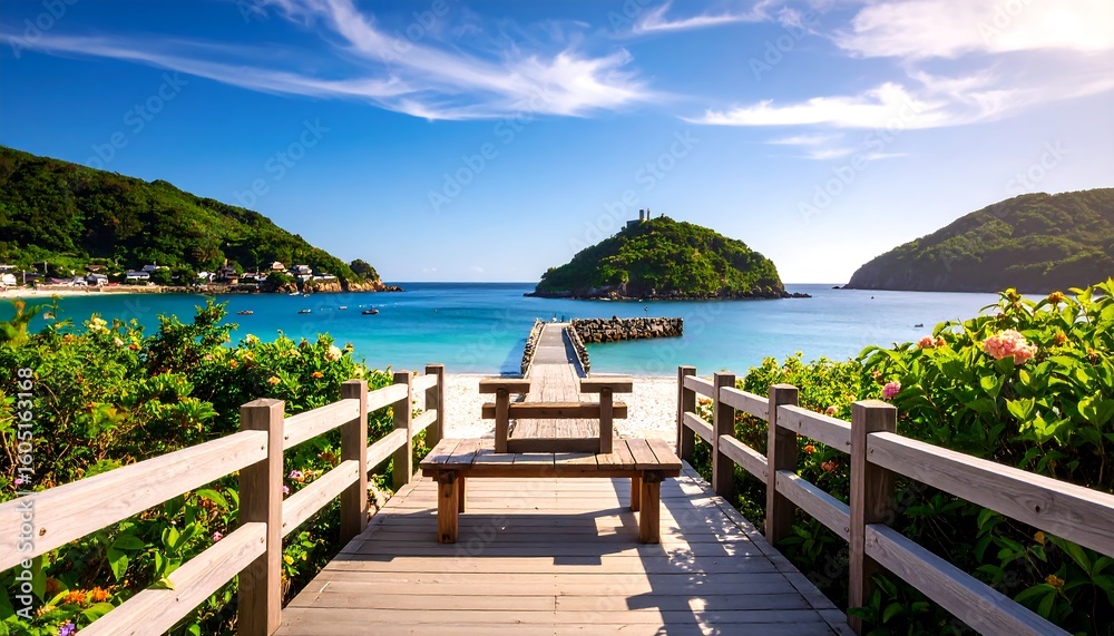 Obraz premium Wooden walkway leading to a tranquil beach