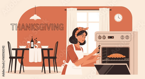 Preparing For Thanksgiving A Woman Checks On The Pie In The Oven