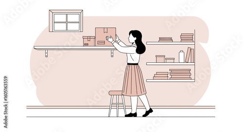 Organizing Belongings At Home Female On A Stool Putting Boxes On Shelves