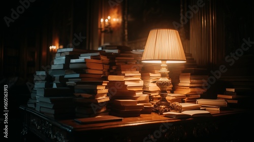 Cozy Wooden Desk Scene with Stacked Books and Warm Desk Lamp
