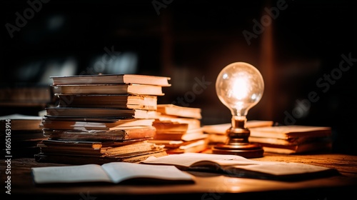 Cozy Workspace Scene: Wooden Desk with Books and Ambient Lamp