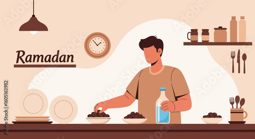 Preparing Iftar Meal At Home During Ramadan Holy Month Illustration