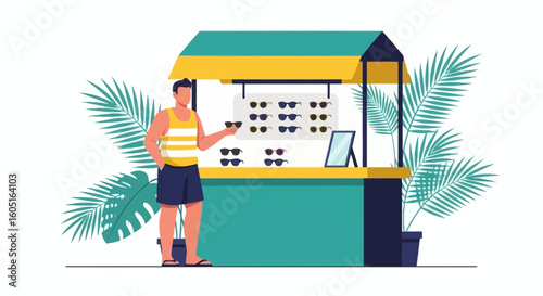 Man Shops At Beachside Sunglasses Stand With Tropical Background Elements