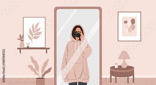 Self Portrait In Mirror Young Woman Capturing Her Image With A Camera
