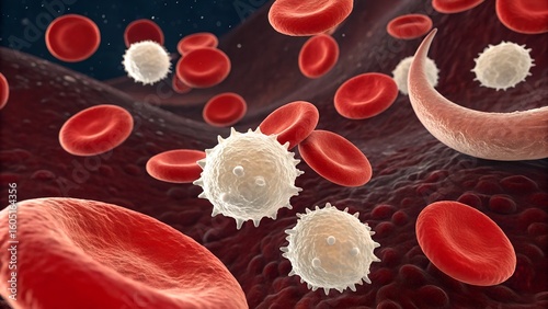 Panoramic microscope image of human blood smear showing red and white blood cells, platelets, and a rare sickle cell for comparison