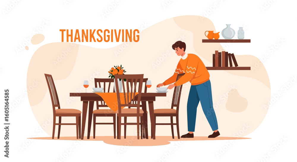Fototapeta premium Preparing Thanksgiving Dinner Table Setting Celebration With Family And Friends