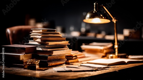 Cozy Workspace: Wooden Desk with Books and Desk Lamp