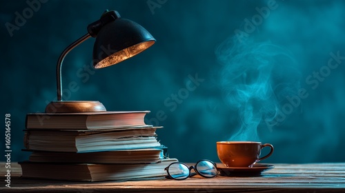 Cozy Reading Nook with Wooden Table, Books, and Warm Lamp