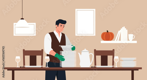 Preparing Thanksgiving Table Setting with Plates Glasses and Pumpkin Decoration
