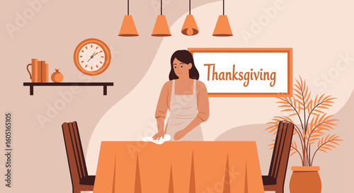 Preparing Thanksgiving Woman Wiping The Table With Festive Decorations