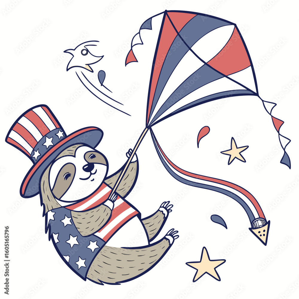 Fototapeta premium Vector illustration of a Mischievous Lazy Sloth with with a rainbow kite, styled in a Presidents’ Day theme using Founding Spirit colors