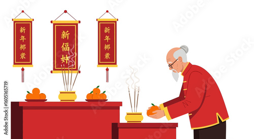 Senior Man Celebrating Lunar New Year with Offerings and Traditional Decorations