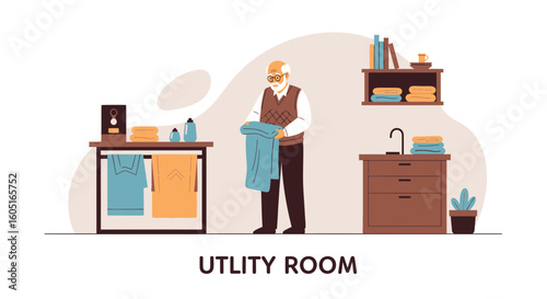 Senior Man Folding Laundry In The Utility Room With Clean Towels And Sink