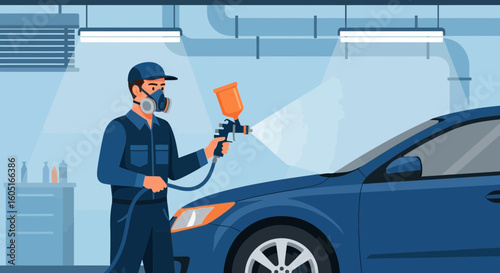 Professional Auto Refinisher Applying Spray Paint Coating In A Body Shop Garage