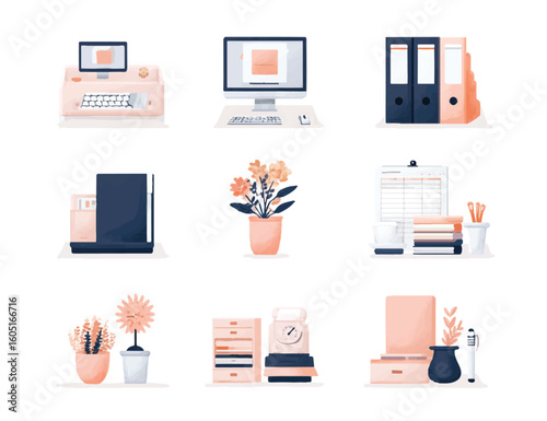 Collection of Office Essentials and Decorative Items on White Background in Pastel Colors Flat Lay Illustration Style