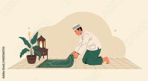 Man Unrolling Prayer Rug Getting Ready For Islamic Prayer At Home