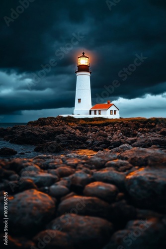 Lighthouse Stands Tall Against Dark Stormy Skies at the Coast During Twilight...