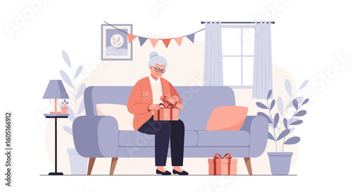 Senior Woman Unpacking Gifts At Home During Celebration Event Moment