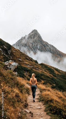 Hiker Explores Green Mountain Trail With Fog-Covered Peaks in the Background ...