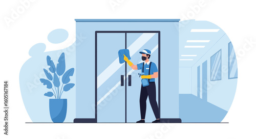 Professional Cleaner Maintaining Hygiene By Disinfecting Building Glass Doors From Germs