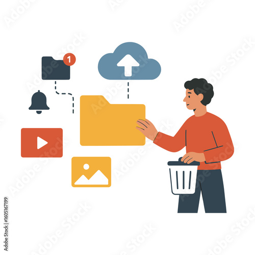 Digital Decluttering and Cloud File Organization Illustration Featuring a Cat Promoting Productivity and Efficient Digital Workspace Management on White Background
