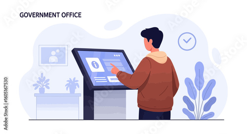 Man Using Touchscreen Kiosk In Government Office For Information Display