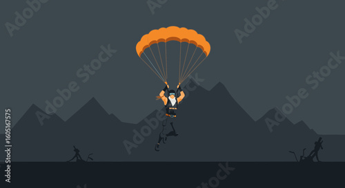 Parachutist Descent Over Rugged Peaks Illustration Of Adventure Sport