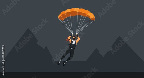 Parachutist Silhouette Descending Over Mountain Peaks Against Dusk Sky