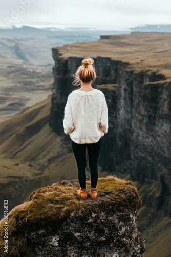 Person Standing on Cliff Edge Overlooking Vast Landscape Near Mountains at Tw...