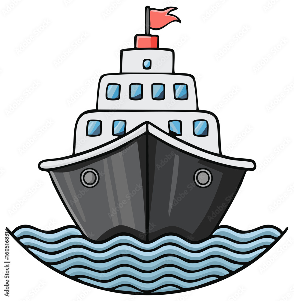 Obraz premium Cartoon Ship on Ocean Waves with Red Flag Cruise Vacation Illustration