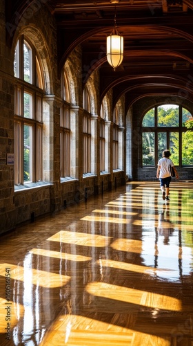 Person Walking Through a Sunlit Hallway With Large Windows and Reflective Woo...