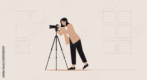 Professional Female Photographer Adjusting Her Camera on Tripod in Studio