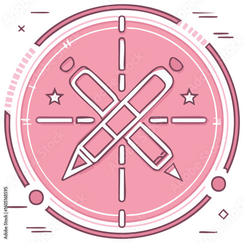 Creative design concept icon with pencils crossed in a pink circular shape.