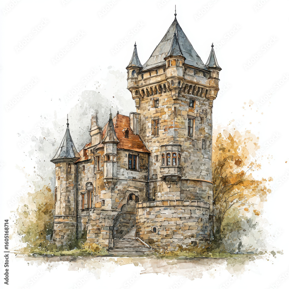 Fototapeta premium Watercolor castle tower stone historic architecture medieval old building autumn trees artistic painting
