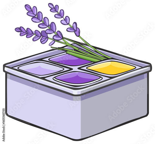 Vivid cartoon illustration of fresh lavender flowers with a square container holding purple and yellow liquids.