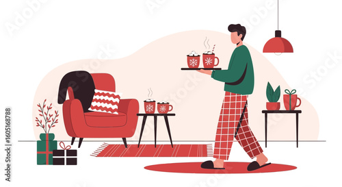 Man Wearing Plaid Pajamas Delivering Festive Hot Chocolate In A Cozy Home