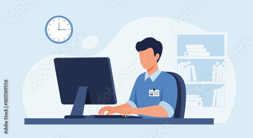 Man Working At Desk Uses Computer In Office Environment Simple Design