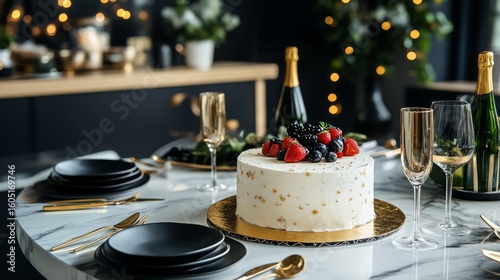 Elegant Dessert Table Featuring a Cake and Champagne in a Festive Setting for...
