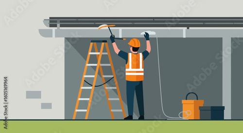 Professional Maintenance Worker Cleaning Guttering System On A Ladder At Height