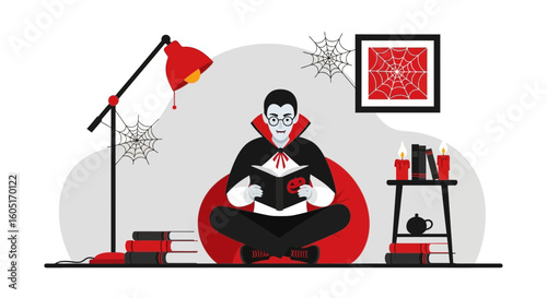 Vampire Reads Halloween Book Sitting On Beanbag Near Cobweb Decorations