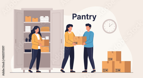 People Organize Food Supplies in Pantry Room For Charity or Distribution