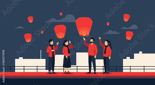 People Launching Sky Lanterns to Express Wishes in the Night Sky