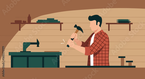 Man Working On A Woodworking Project In His Home Workshop Or Garage